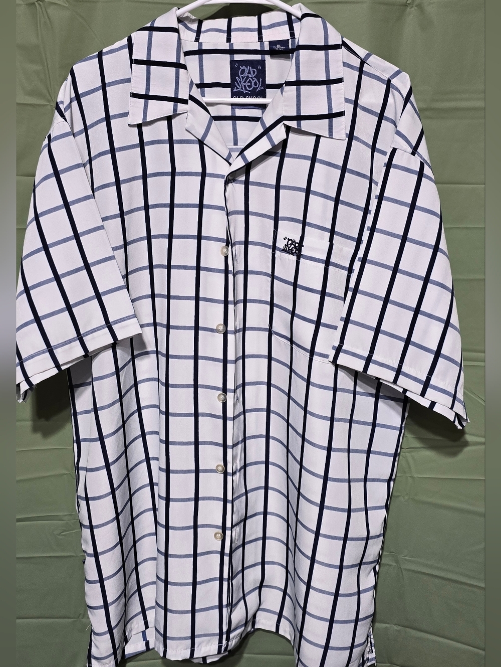 Men's White and Navy Grid Short-Sleeve Button-Down Shirt